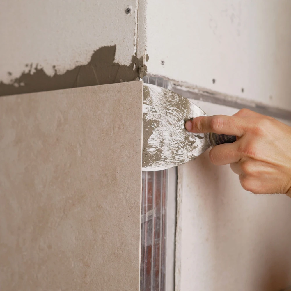 Application de plâtre ou de jointoiement sur un mur avec une truelle, où une main guide la truelle pour lisser le matériau sur la surface. Un panneau de construction est partiellement installé sur un cadre métallique.